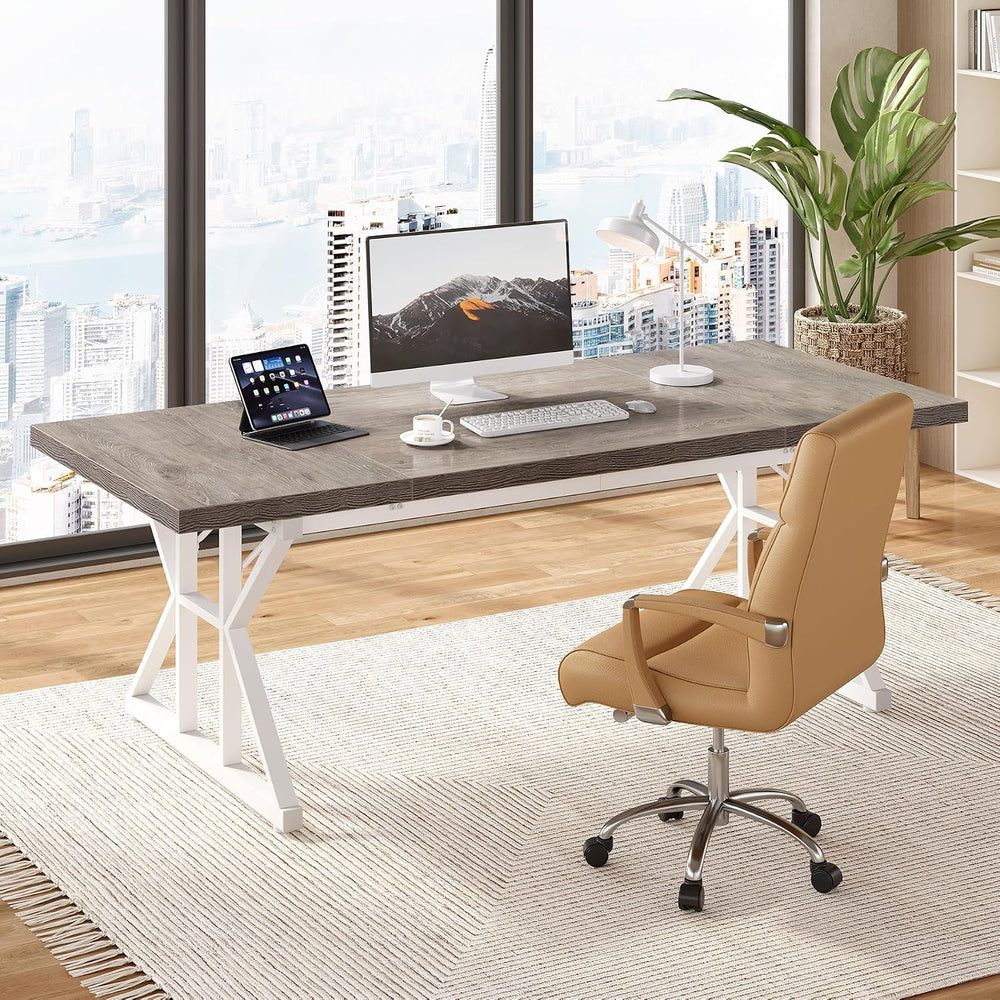 LITTLE TREE 70.8-Inch Large Executive Desk, Modern Computer Office Desk, Wood...