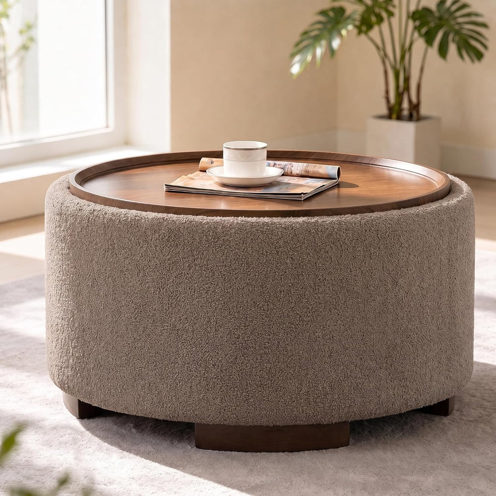 29.5 Inch Round Storage Ottoman Coffee Table, Brown Teddy | Modern Circle Cof...