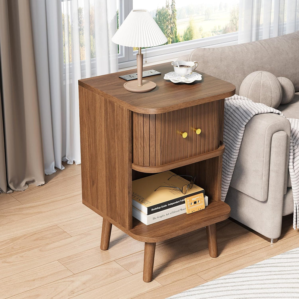 Decofy Mid Century Modern Nightstand Set of 2 with Charging Station, Walnut |...