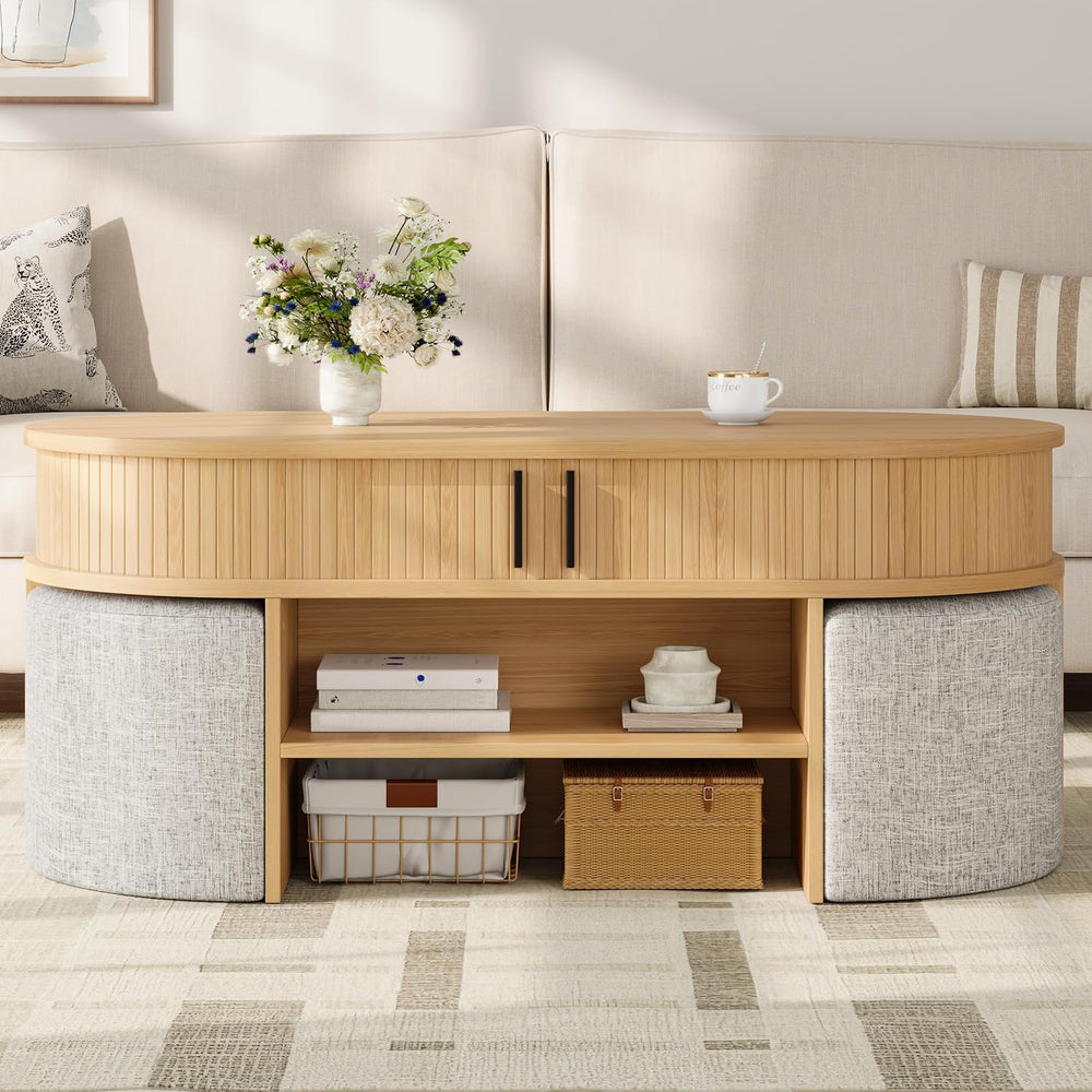 Oval Coffee Table Set with Storage and 4 Fabric Stools,Center Table | Feature...