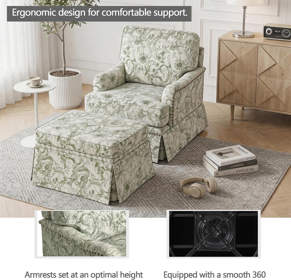 Swivel Accent Chair with Ottoman, Rococo Green