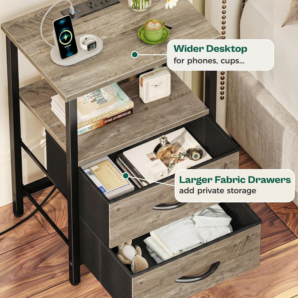 Huuger Night Stand with Charger Station and LED Lights, 2 Drawer Nightstand, ...