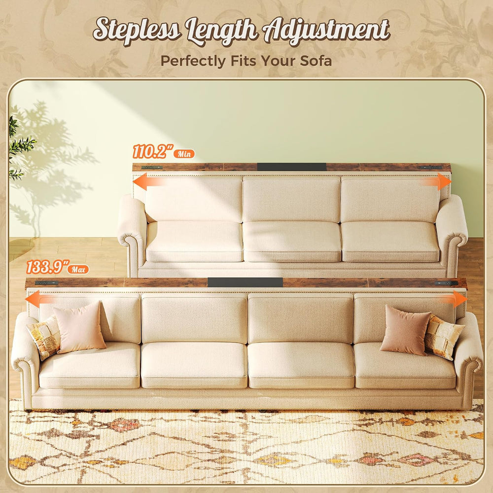 Huuger Narrow Sofa Table with 2 Power Outlets, 110.2-133.8 Inch Adjustable Le...