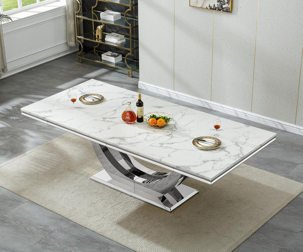 94.5" Large Dining Table for 10-12 People, Modern White Rectangle Kitche...