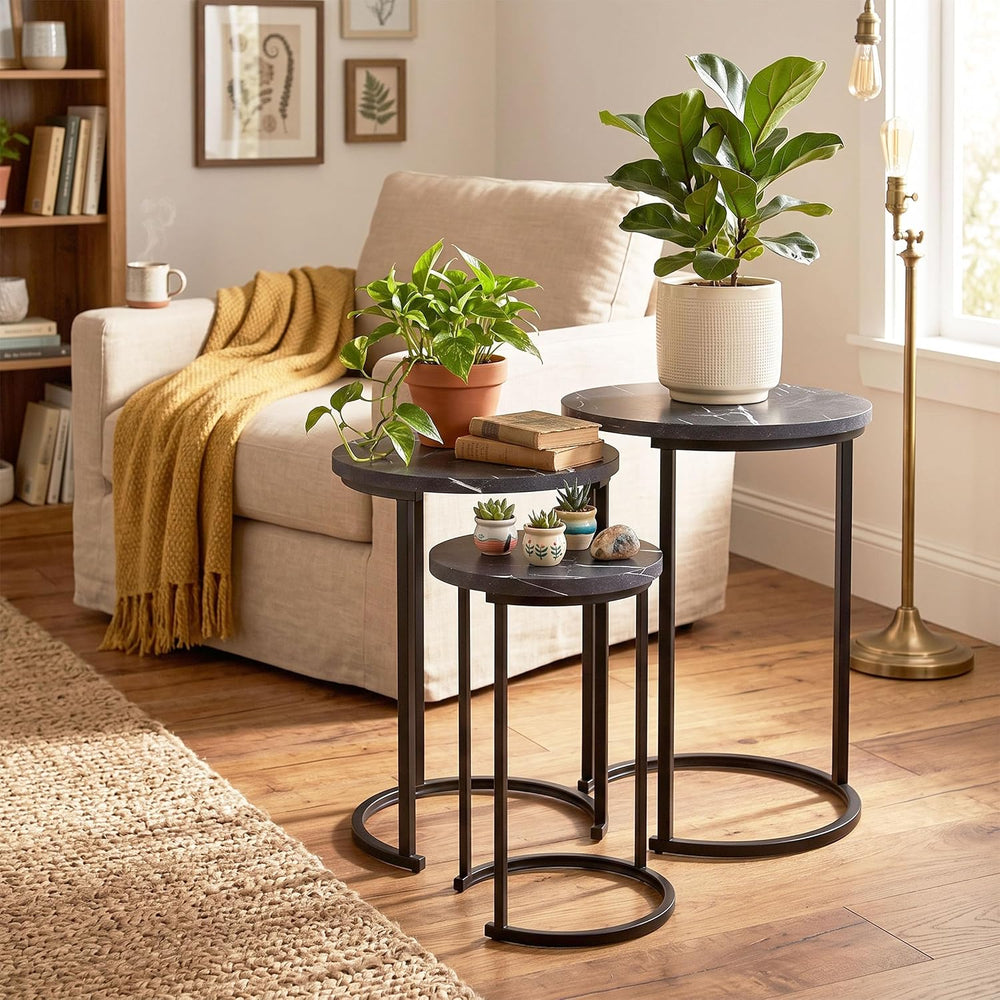 Lavish Home Round Nesting Tables Set of 3, Faux Marble Tabletop, Black
