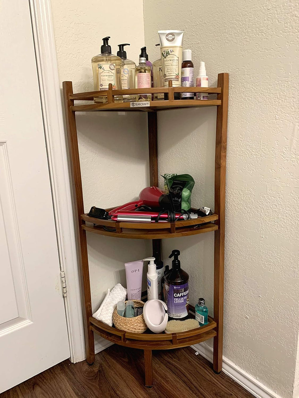 Teak Corner Shower Shelf, 3 Tier, 14Wx14Lx39.5H inches, Fully Assembled, The OM