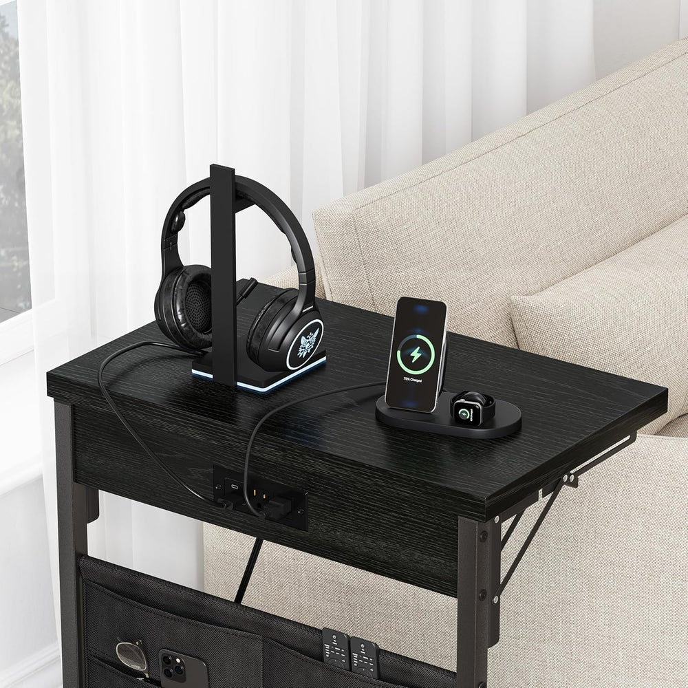 Folding C Table with Charging Station, C Shaped End Table, Sofa Tv Tray Table...
