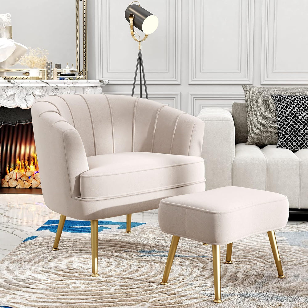 Andeworld Velvet Accent Chair with Ottoman, Barrel Armchair, Beige | Velvet U...