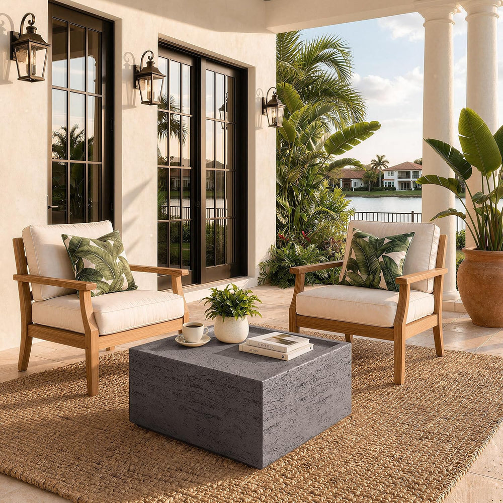 28" Square Outdoor Coffee Table, Travertine Look, Dark Gray