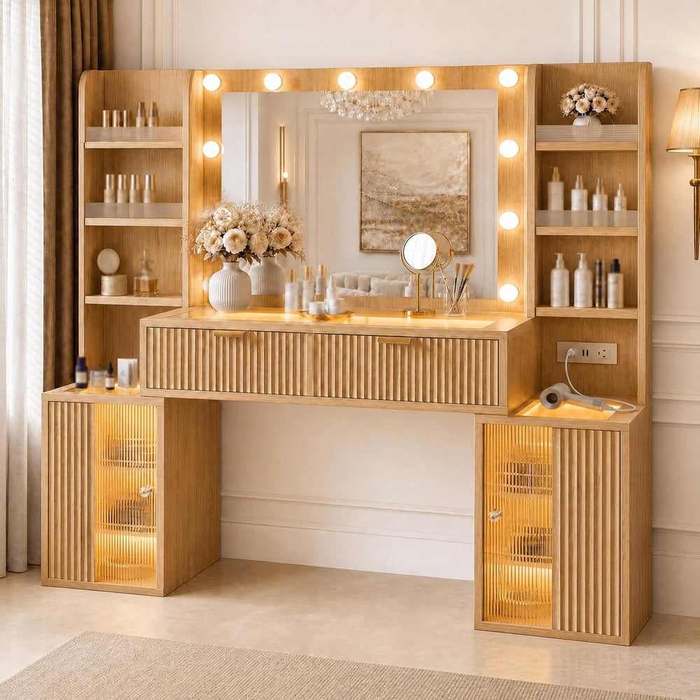 56'' Fluted Wooden Vanity with RGB Hollywood Lights & 36" HD...