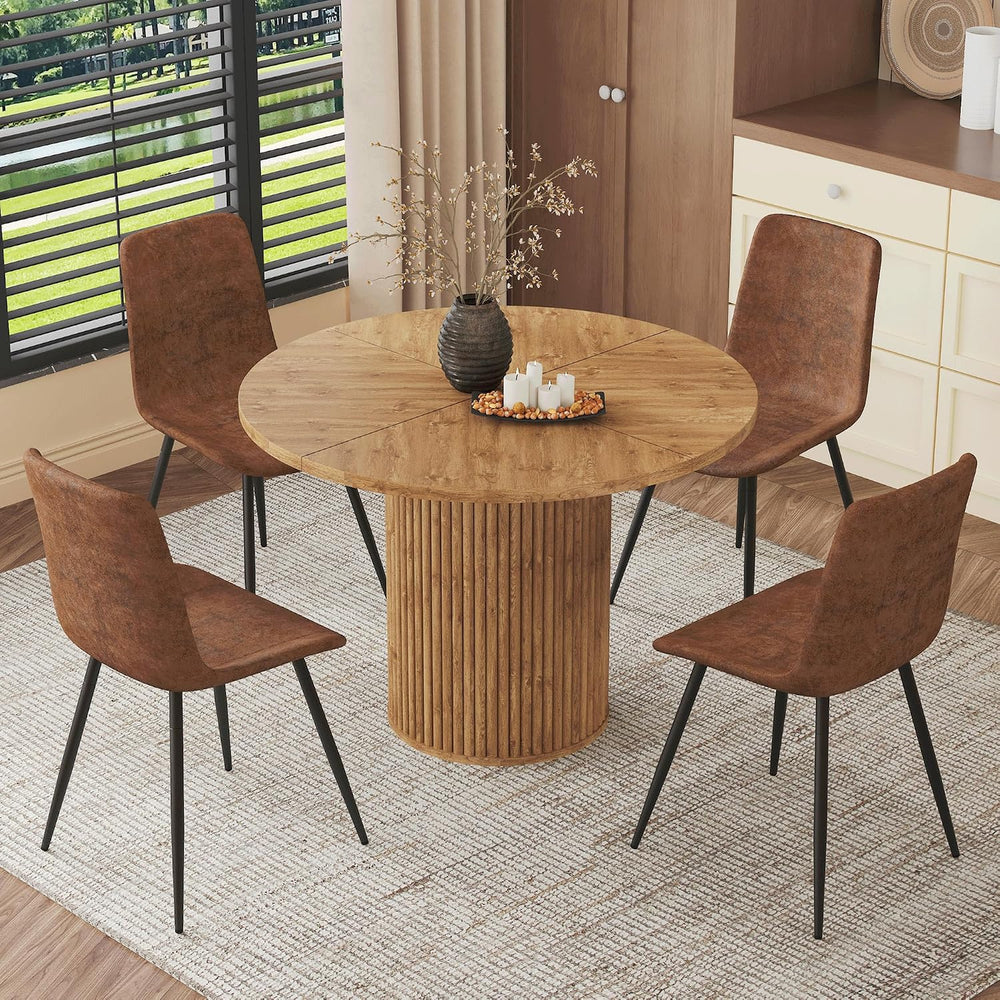 AZmac Round Dining Table Set for 4, Wooden Round Table 5-Piece with Modern Fa...