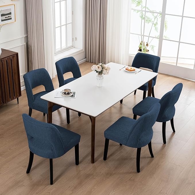 VKNOW Wooden Dining Chairs Set of 6, Modern Fabric Upholstered Dining Room Ch...