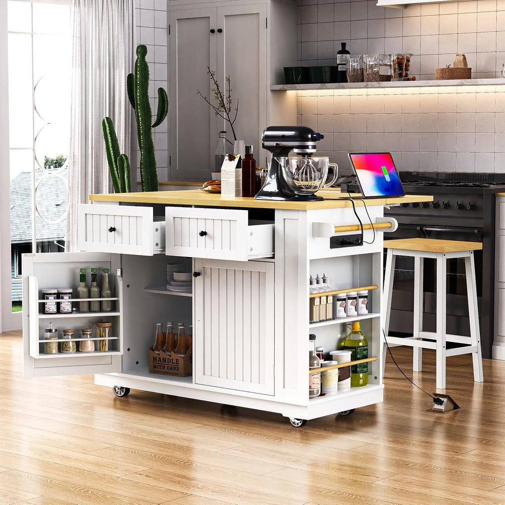 48" Kitchen Island in White with 2 Stools & Power Outlet | Includes ...