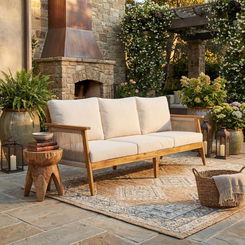 Christopher Knight Home Outdoor 3 Seater Patio Sofa with Acacia Wood Frame an...