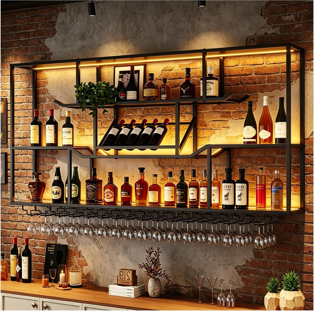 63-inch LED Wall Wine Rack, Modern Metal Display Rack for Bar | With 3 floati...