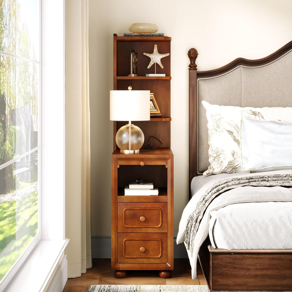 Solid Wood End Table with Charging Station and Reversible Corner Shelves, Tal...