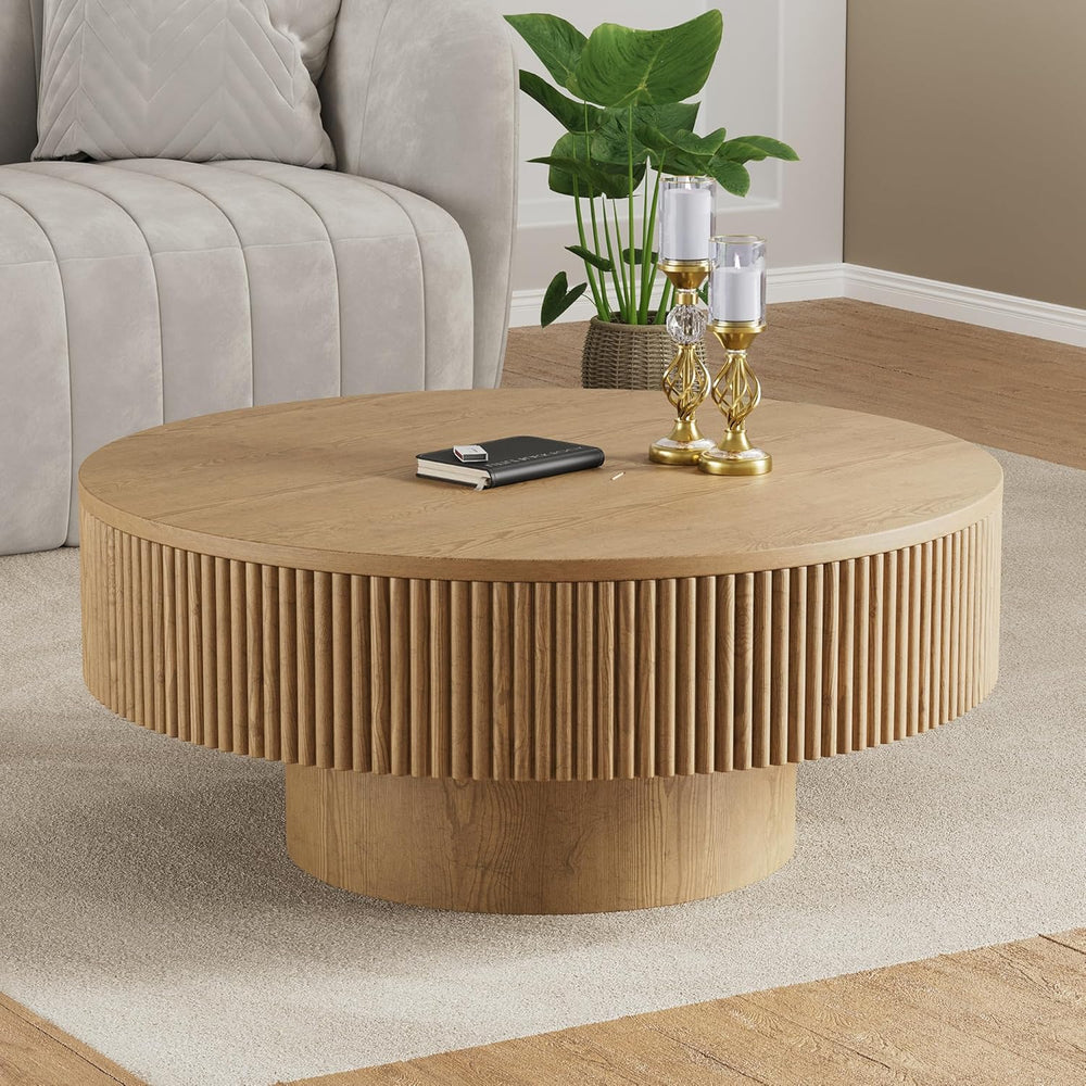 YOUDENOVA 31.5” Round Fluted Coffee Table, Modern Wood Circle Coffee Table, V...