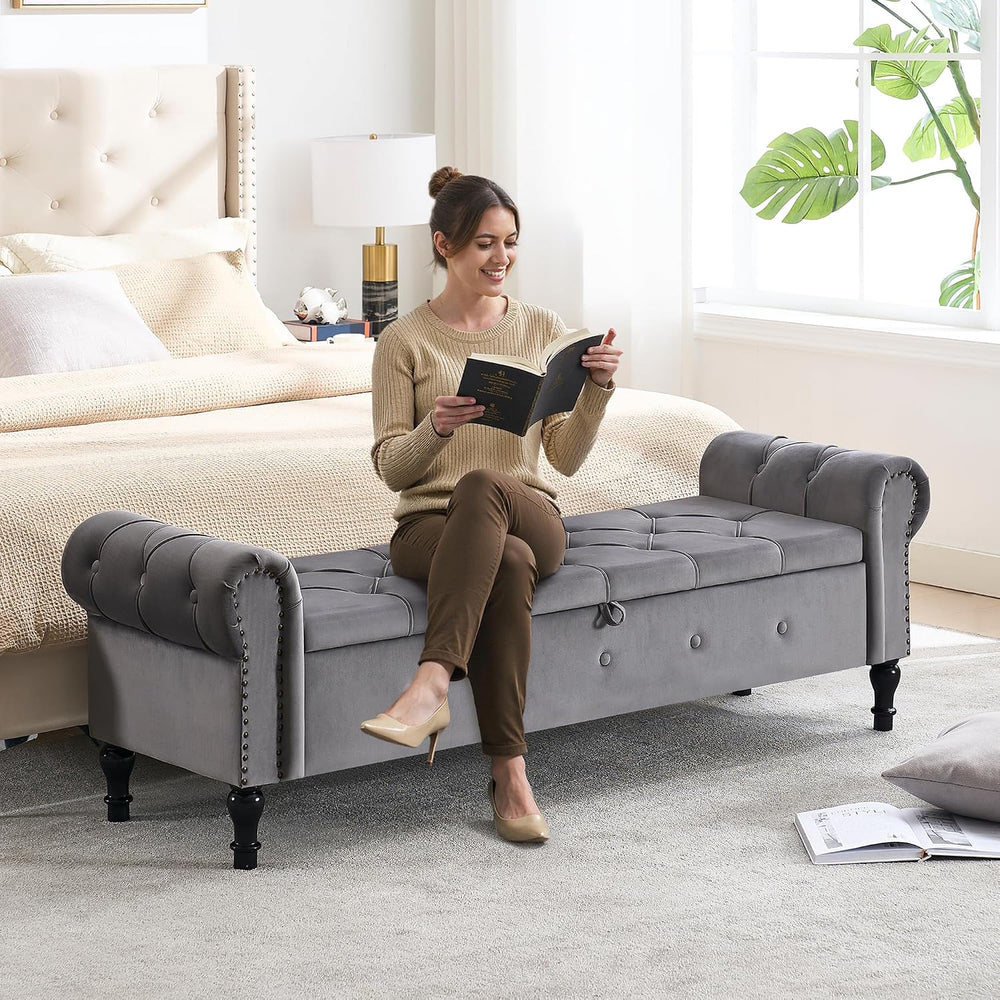 Storage Bench 67" Velvet End of Bed Benches Dark Grey | King Size Storag...