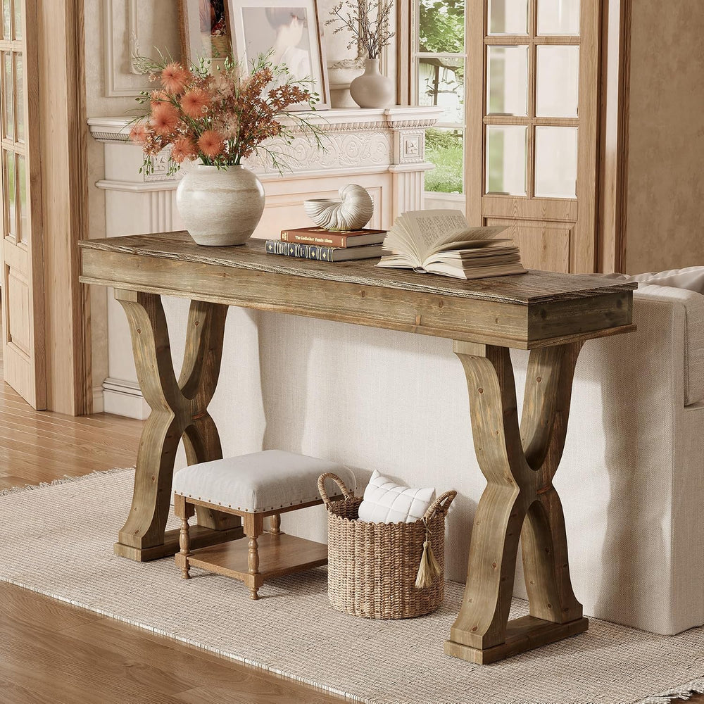 63-Inch Solid Wood Console Table, Farmhouse Narrow Entryway Table with X-Shap...