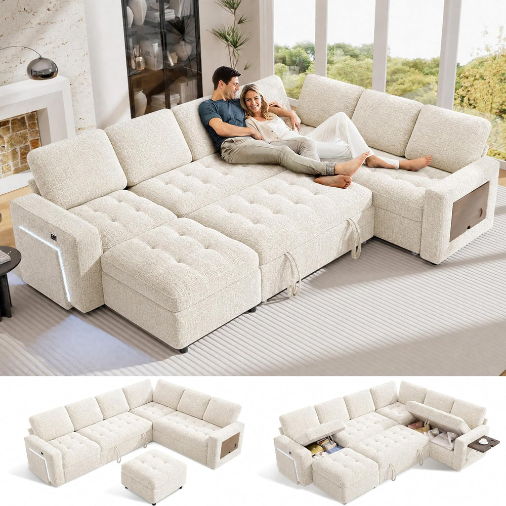 Vipbear 7 Seat L Shaped Modular Sectional Sleeper Sofa Bed with Ottoman/Pull ...
