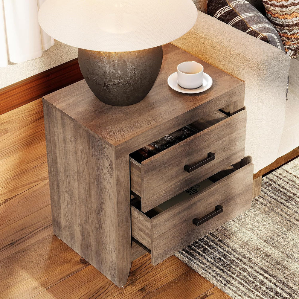 WAMPAT End Table with 2 Large Drawers, Wooden Side Table with Storage, Farmho...