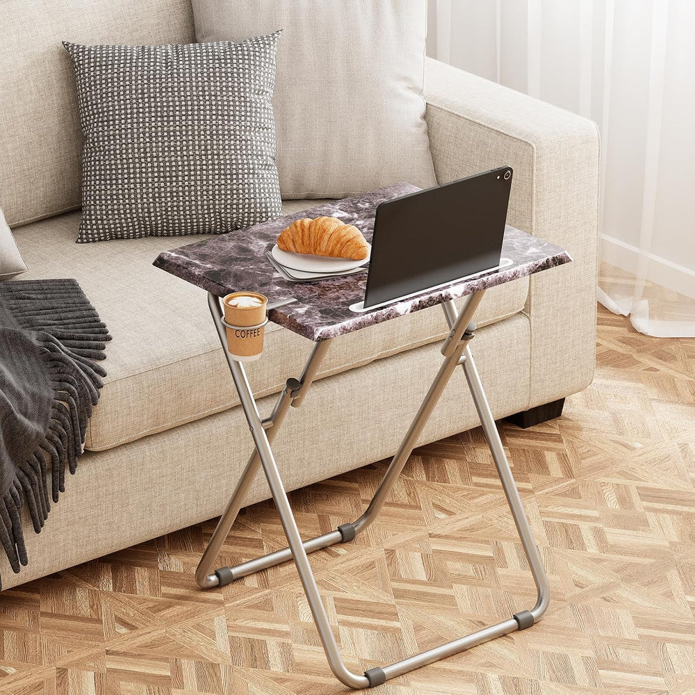 Folding TV Tray Table with Cup Holder, TV Dinner Table with Sturdy MDF Top, E...