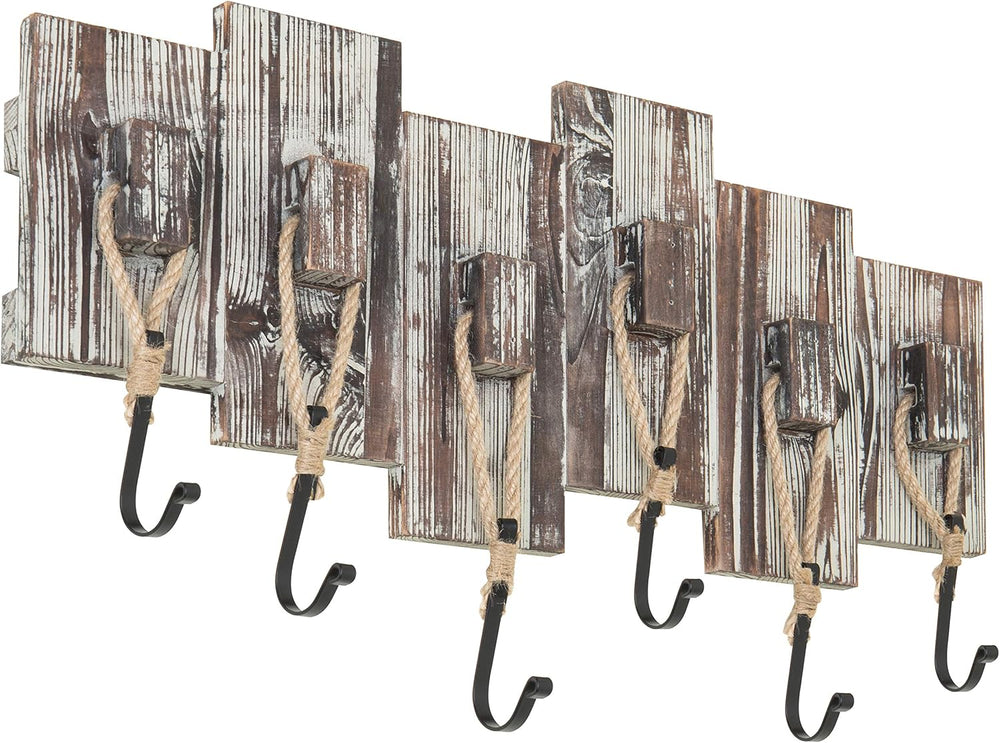MyGift Torched Wood Wall-Mounted Coat Rack with 6 Rope & Black Metal Hooks