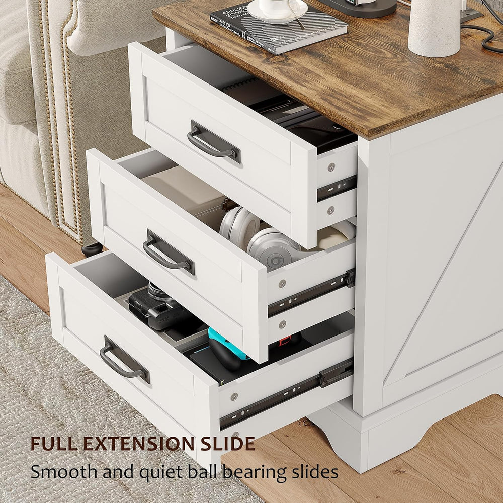 Whalefall 3 Drawers Farmhouse Nightstand with Charging Station, White | 22
