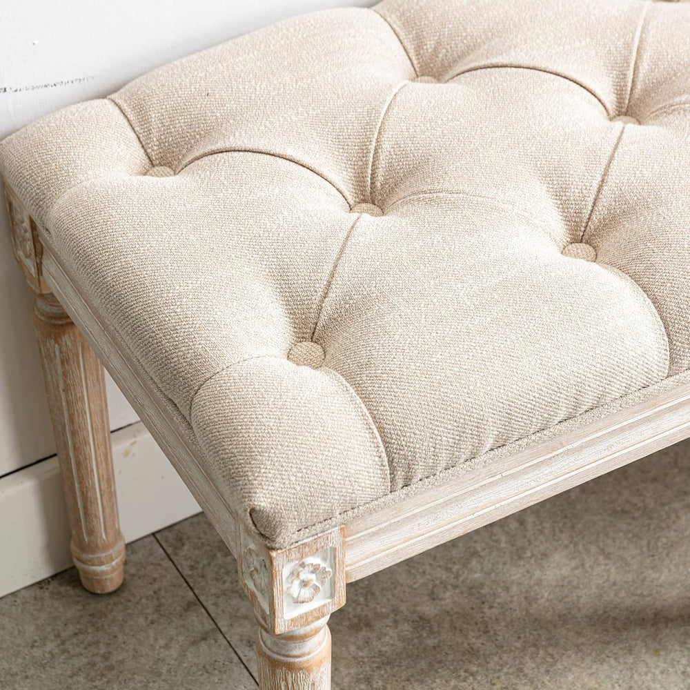 Tufted Dining Bench French Vintage Fabric Upholstered Wood Dining Room Bench ...