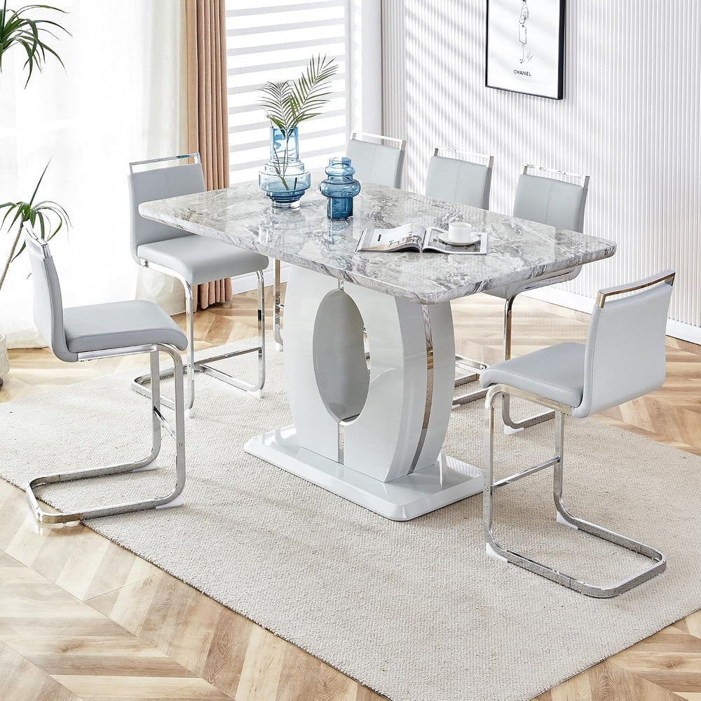 7 Piece Marble Dining Table Set for 6,Counter Height Dining Table Set,63"...