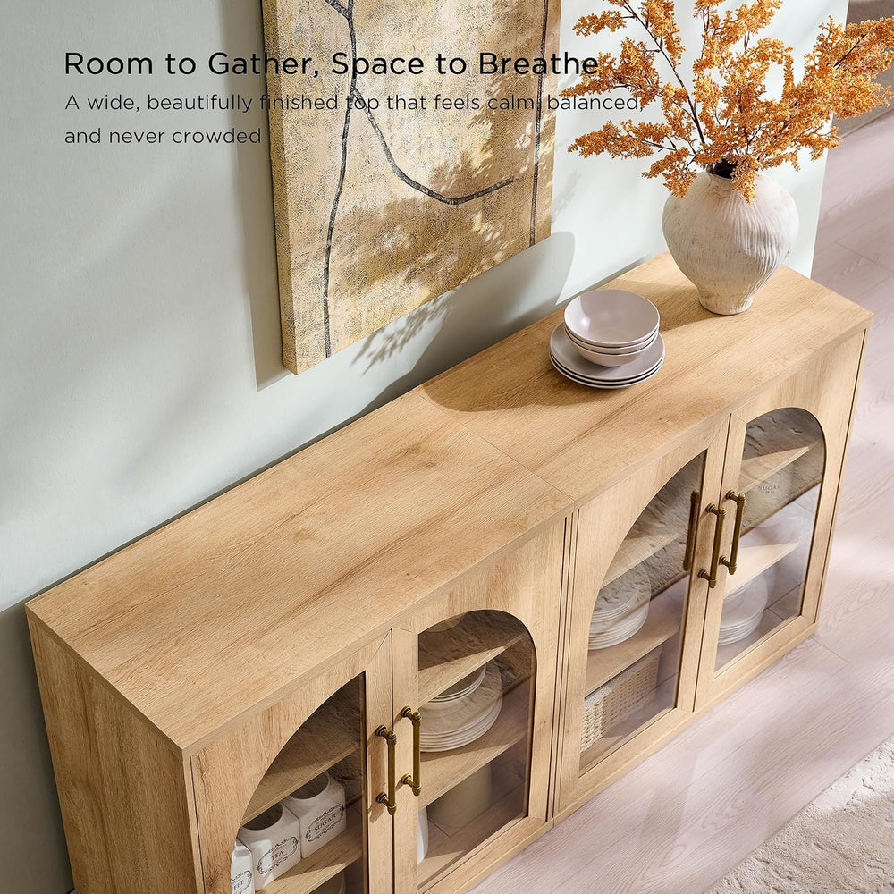 Glass Arched Door Sideboard Buffet Cabinet, Natural Oak
