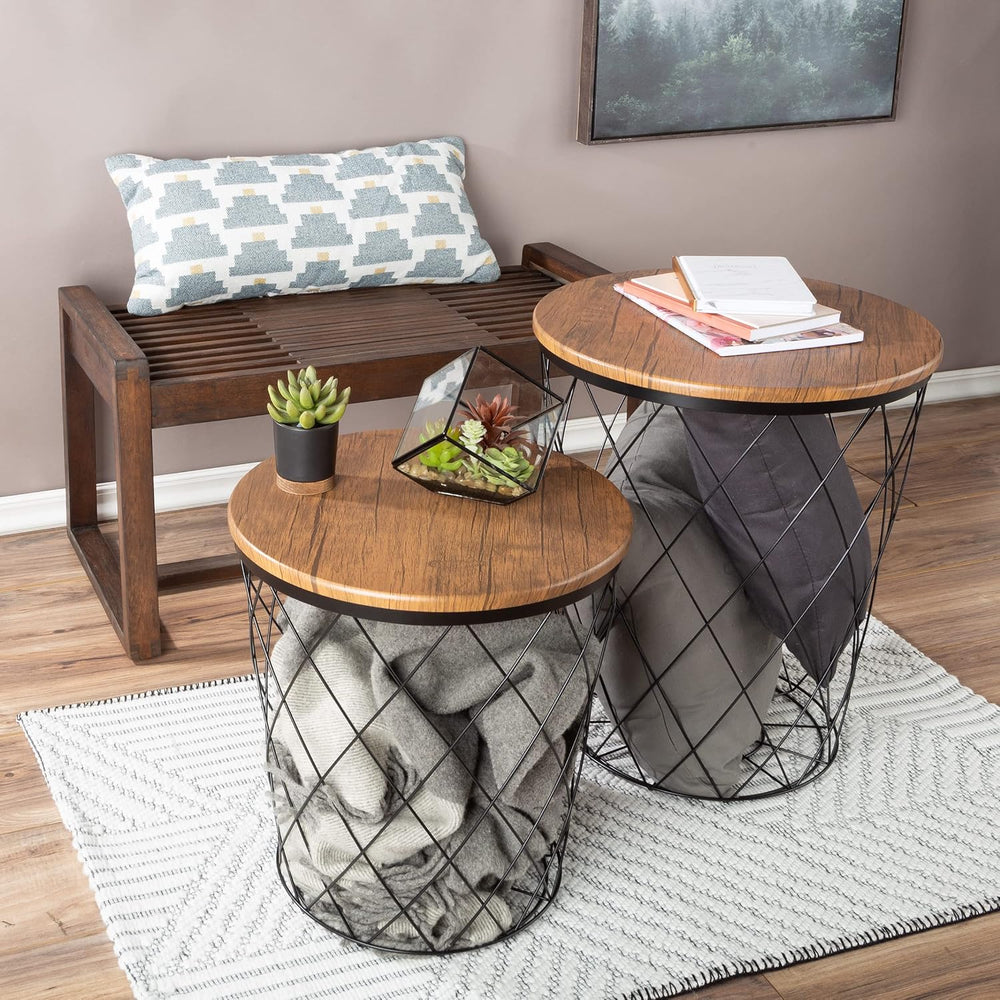 Lavish Home End Tables - Round Nesting Tables Set of 2, Brown Woodgrain | 17....