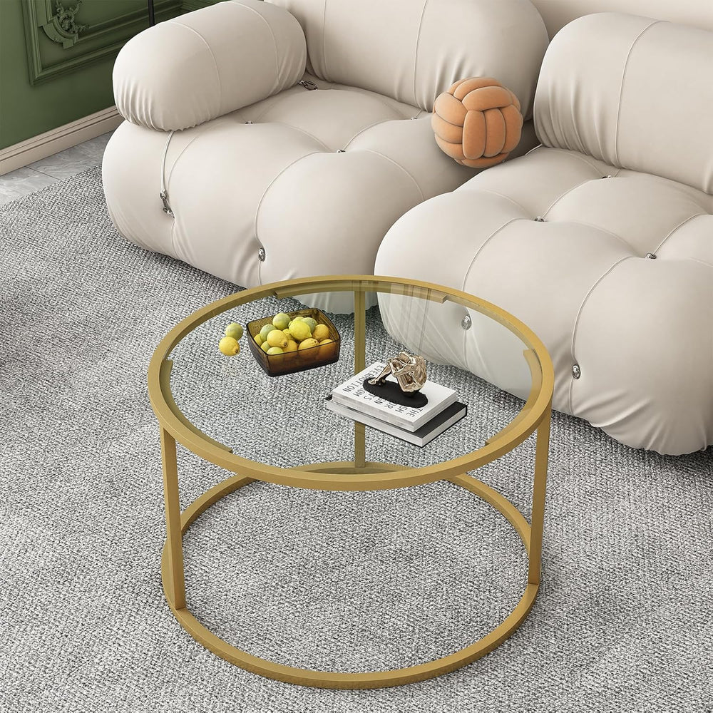 Glass Coffee Table,Round Gold Coffee Table for Small Space,27" Modern Ce...