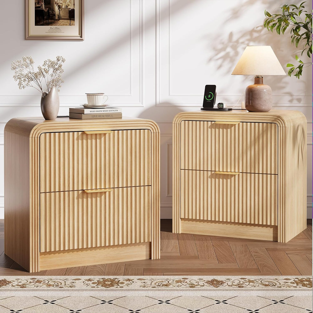 Decofy 23'' Wide Fluted Nightstand Set of 2 with Charging Station, Oa...