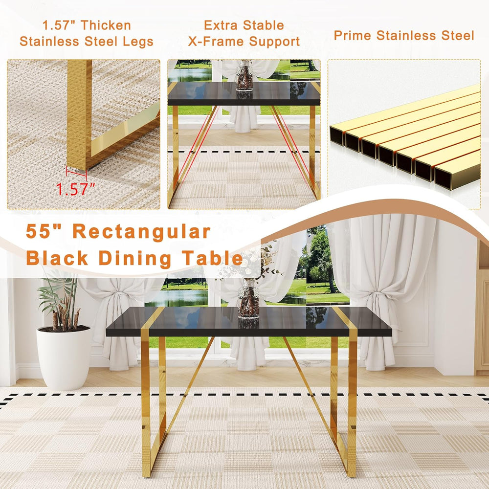 Black Dining Table Set for 4, 55" Black Glossy Top with Gold Metal Legs,...