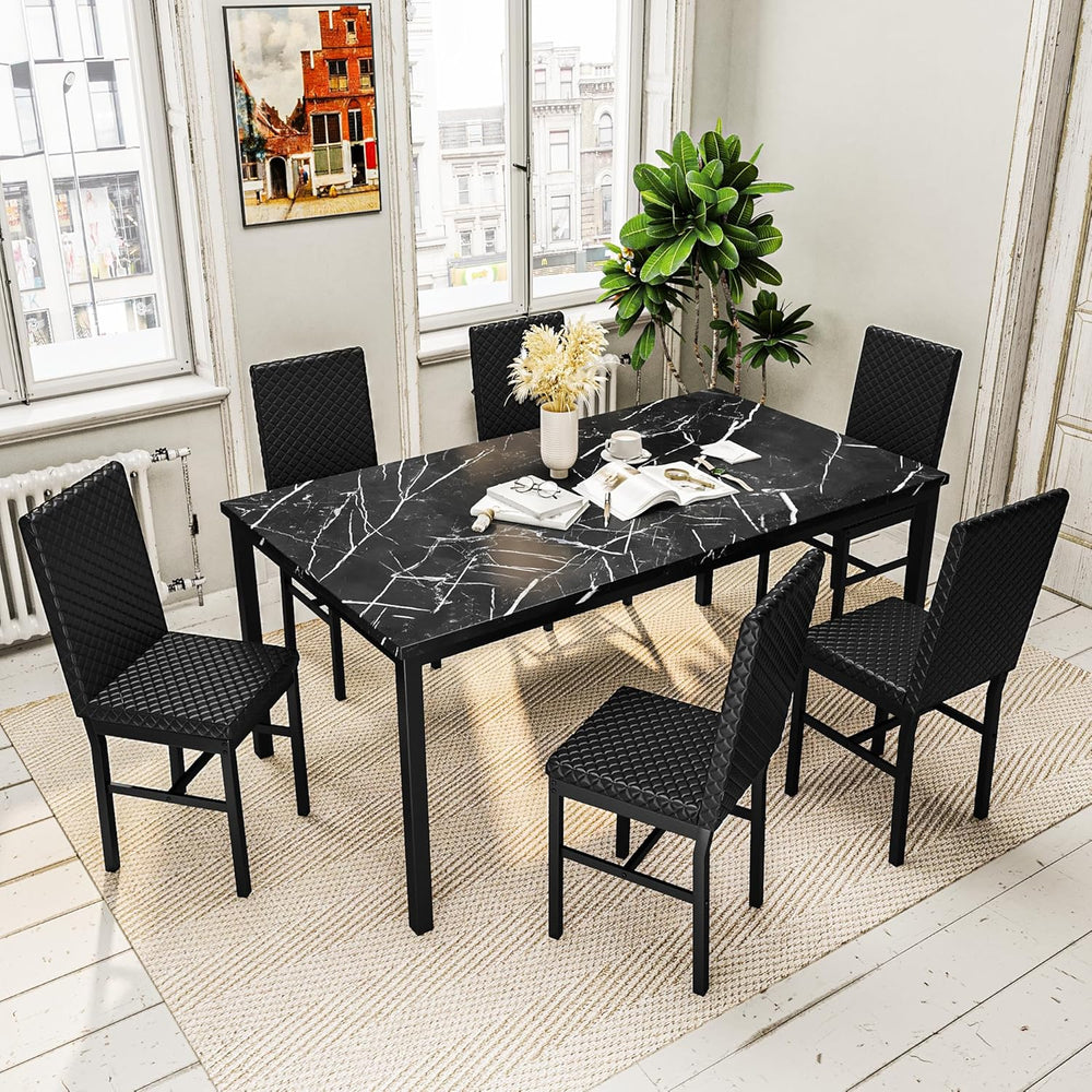 Recaceik Dining Table Set for 6, Faux Marble 7 Piece Dining Table Set with Ch...