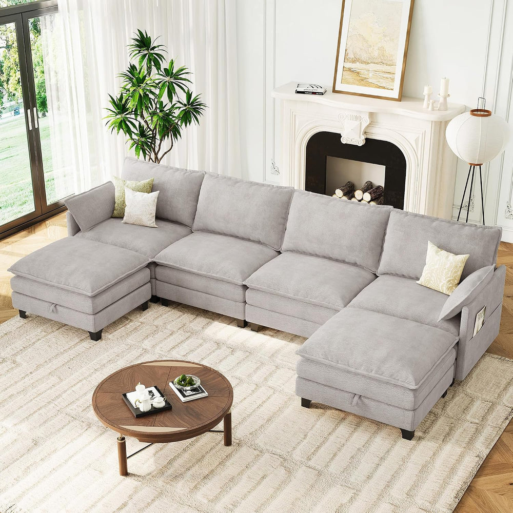 140" U-Shaped Modern Modular Sectional Couch, Chenille Cloud Couches wit...