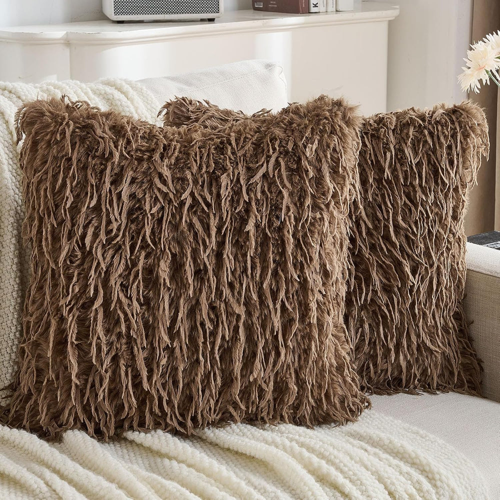 FUTEI Pack of 2 Fluffy Faux Fur Throw Pillow Covers 18x18 Inch, Brown