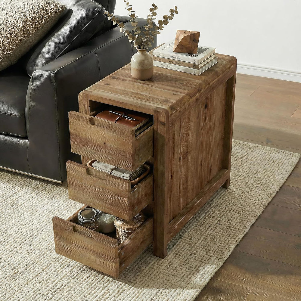 LITTLE TREE 3-Drawer Real Wood End Table, Narrow Side Table with Storage Draw...