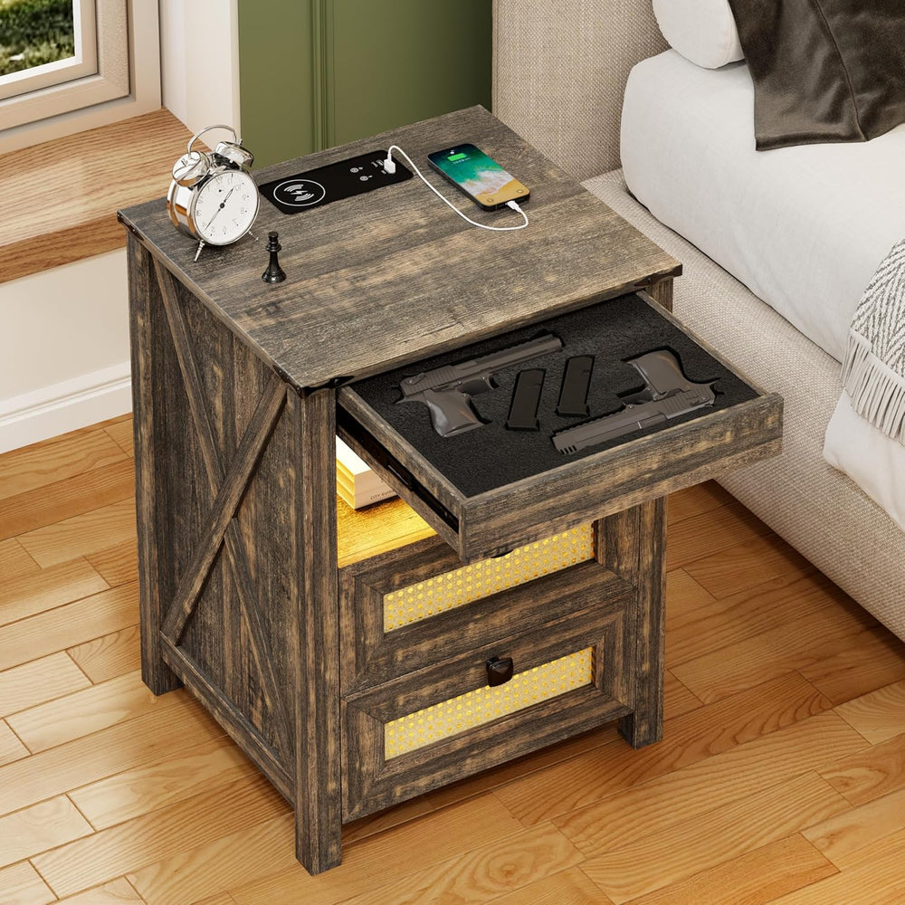 Farmhouse Night Stand with Gun Drawer, Bedside Table with Charger Station, LE...