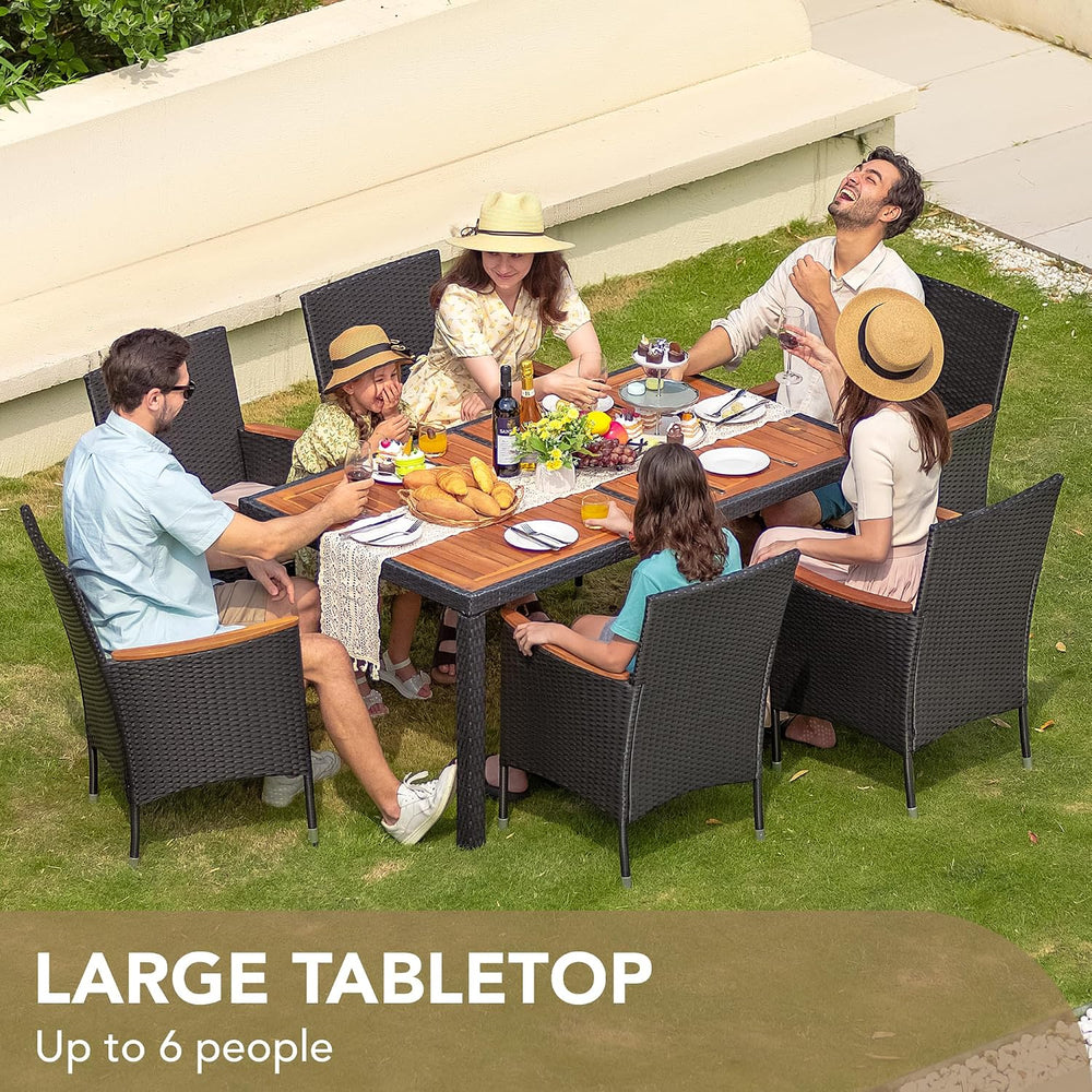 Devoko 7 PCS Acacia Wood Patio Dining Set, Black Rattan