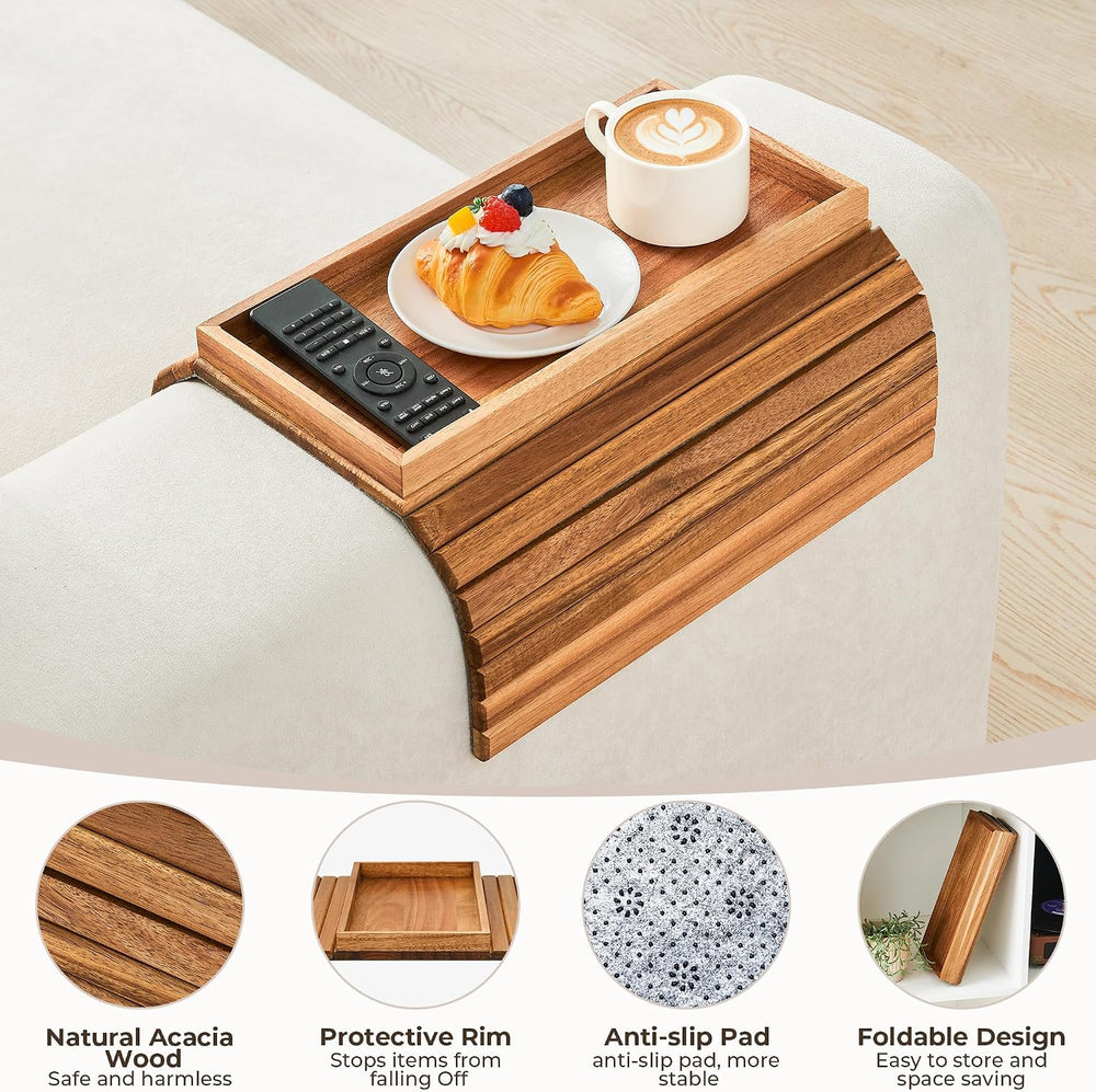 LOVYANXUE Acacia Wood Sofa Arm Tray, Foldable Couch Armrest Table with Anti-S...