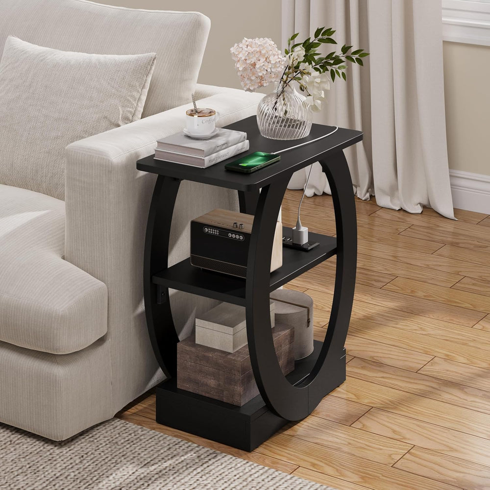 End Table Set of 2 with Charging Station, Black Side Table with USB Ports and...