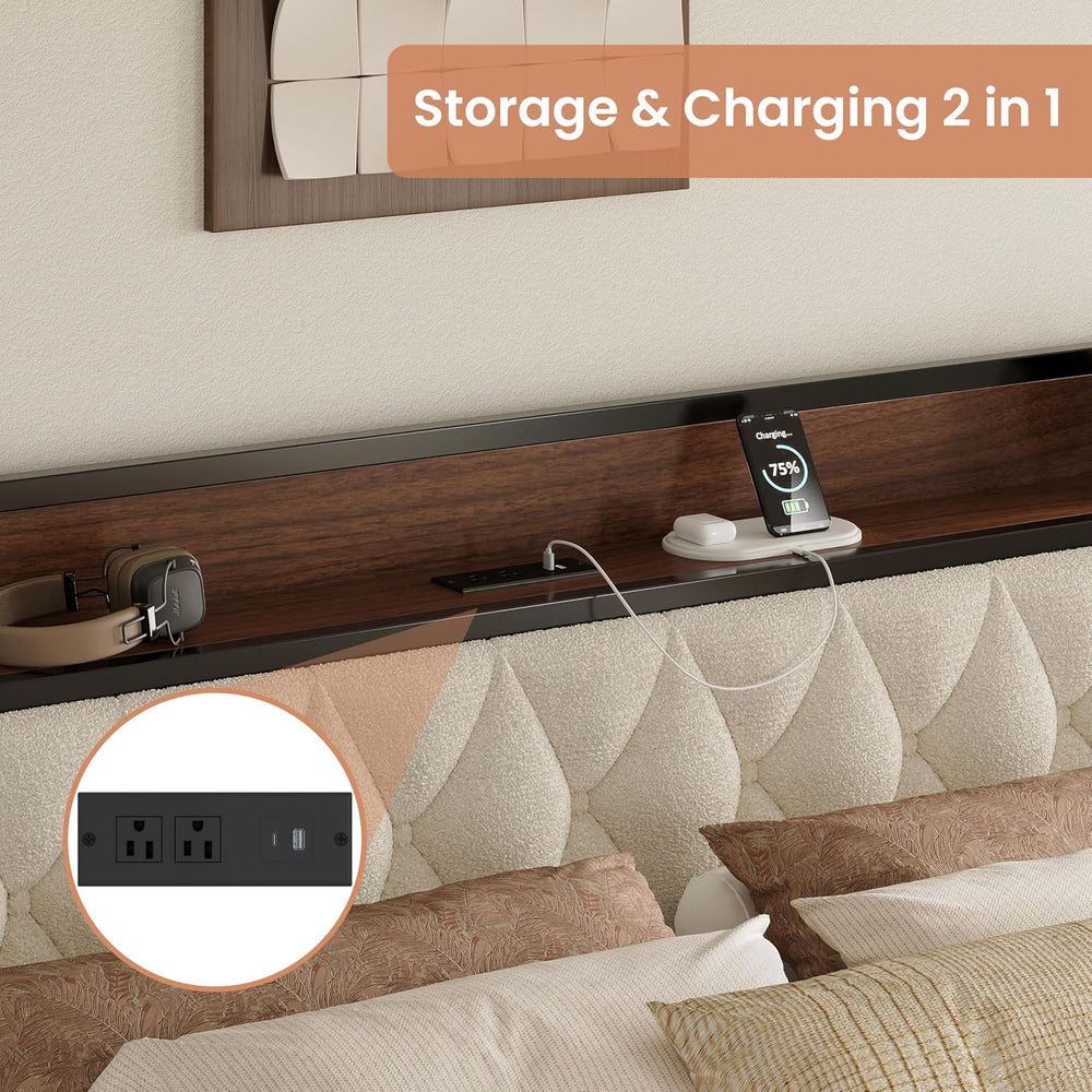 ANCTOR Queen Bed Frame with Headboard & Charging Station,Wood and Cream