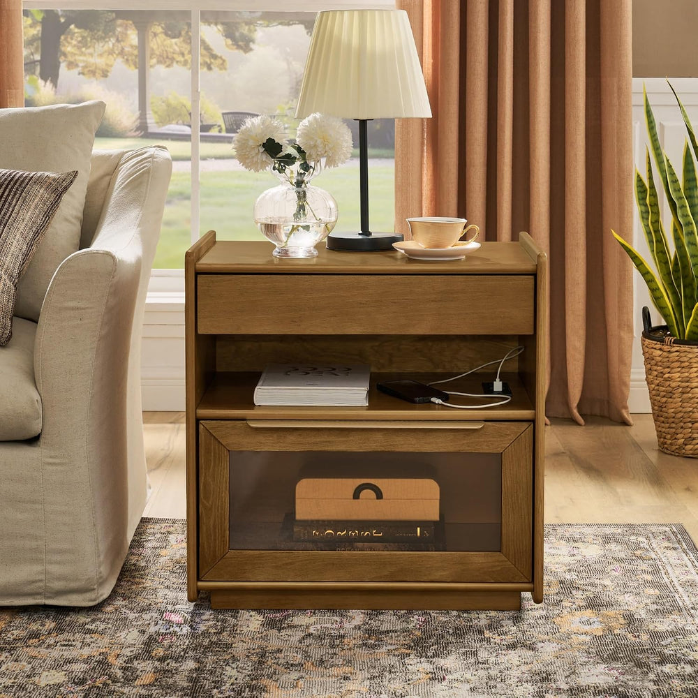Mid Century Modern Nightstand with Charging Station & Outlet Hole & 2...