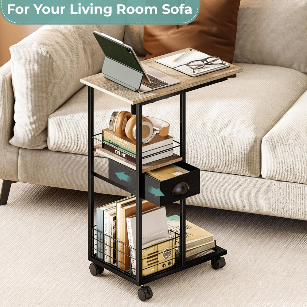 Rolling C Shaped Side Table with Storage Drawer, Ivory Portable Desk on Wheel...