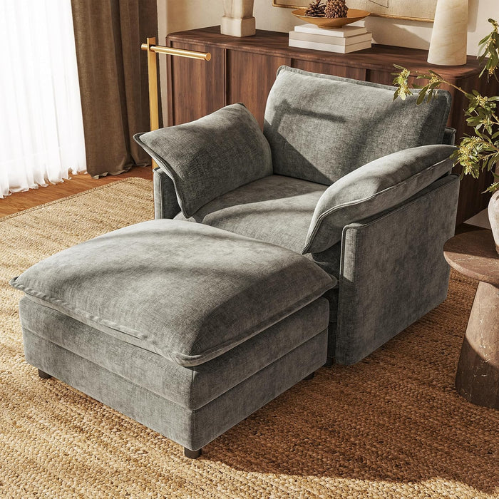 37" Chenille Oversized Sofa Chair with Movable Ottoman, Chair & Ottoman Set