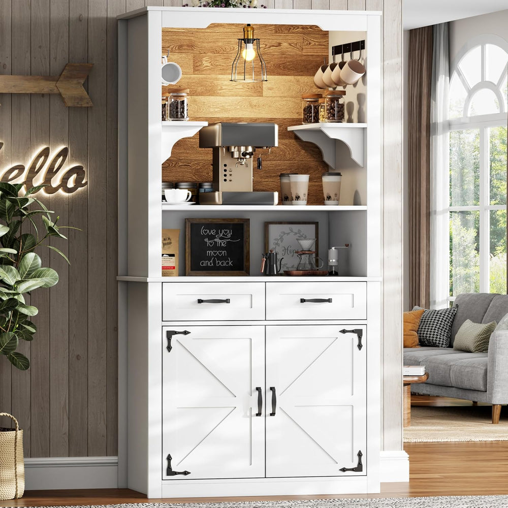 Farmhouse Coffee Bar Cabinet with Led Light - 70.8'' Tall Coffee Hutc...