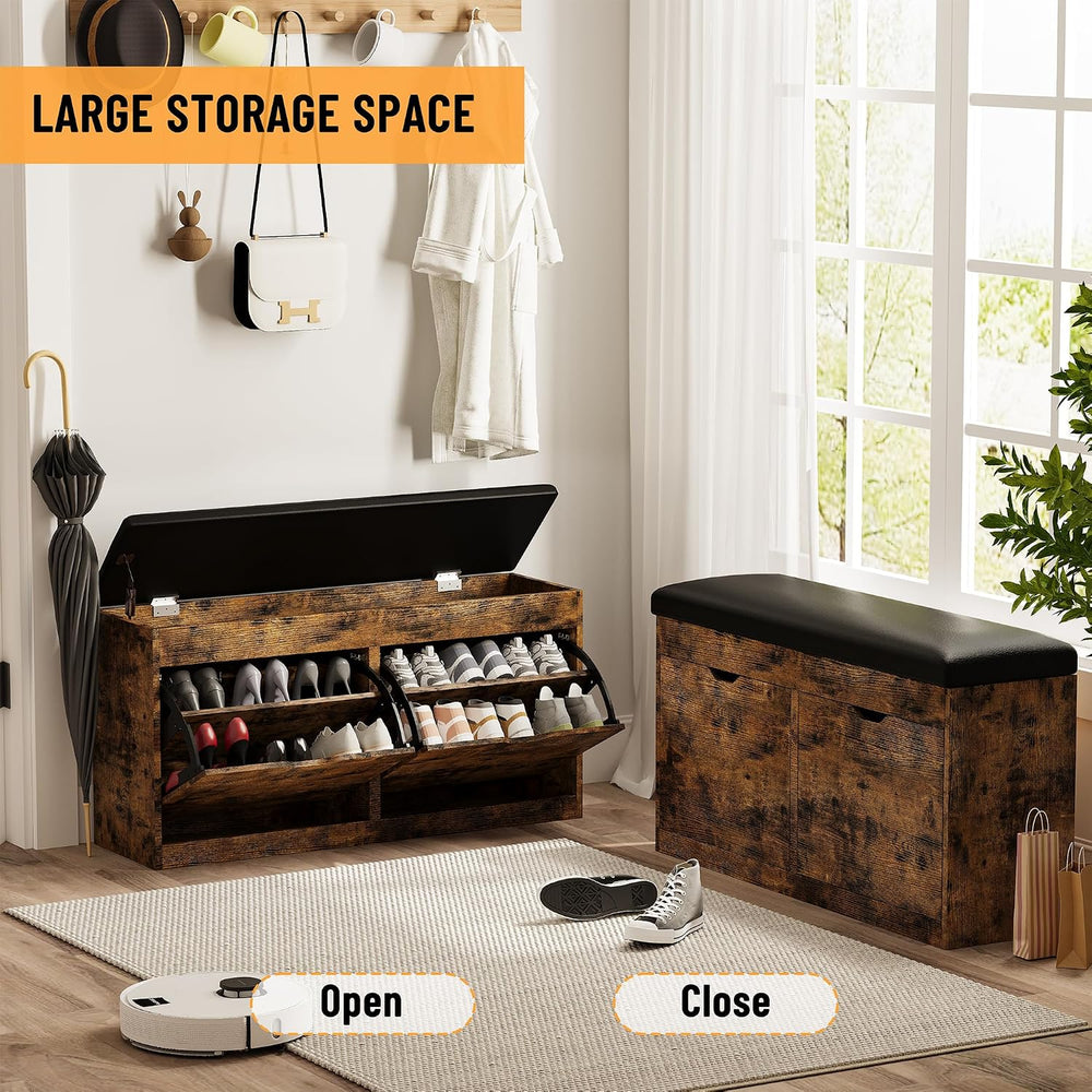 40" Shoe Storage Bench with 2 Flip Drawers & Padded Seat Cushion, Sh...