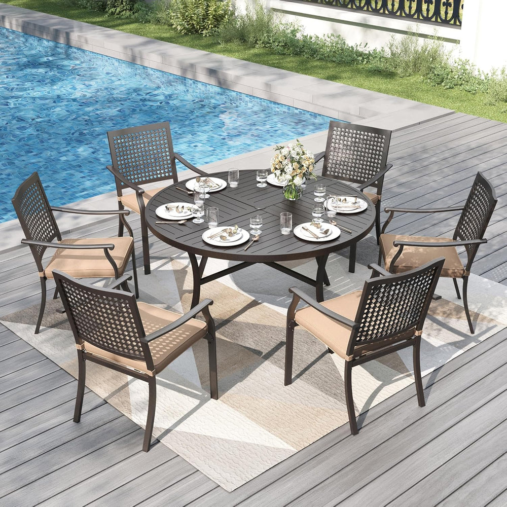 PHI VILLA Outdoor Dining Set for 6, 54" Round Metal Table w/Umbrella Hole